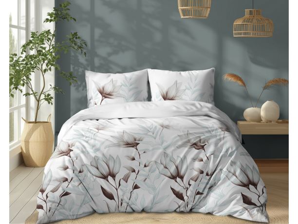 Pościel z bawełny 160x200 +2/70x80 beżowo zielone kwiaty wz. 5494 b