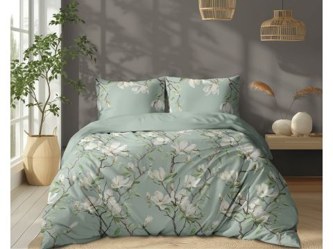 Pościel z bawełny 160x200 +2/70x80 magnolie na miętowym tle wz. 5497 a