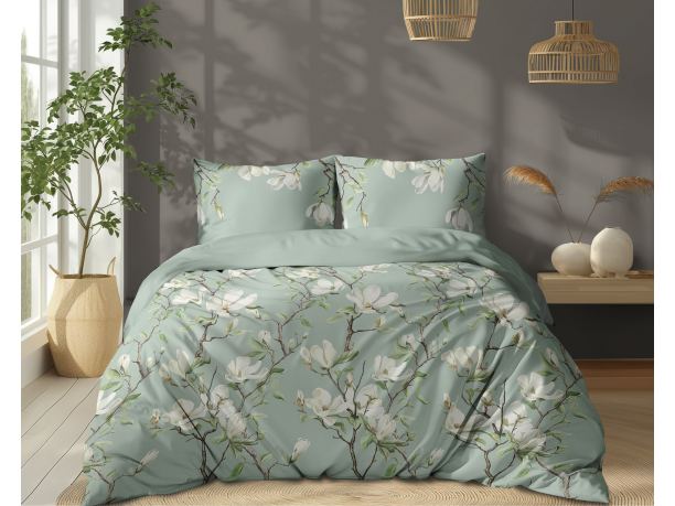 Pościel z bawełny 160x200 +2/70x80 magnolie na miętowym tle wz. 5497 a