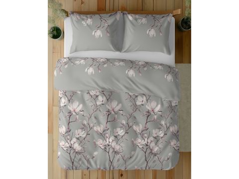 Pościel z bawełny 160x200 +2/70x80 magnolie na szarym tle wz. 5497 b