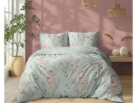 Pościel z bawełny 160x200 +2/70x80 pastelowa łąka na miętowym tle  wz. 5499 b