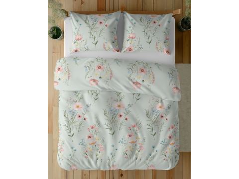 Pościel z bawełny 160x200 +2/70x80 pastelowa łąka na miętowym tle  wz. 5499 b
