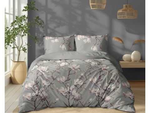 Pościel z bawełny 220x200 +2/70x80 magnolie na szarym tle wz. 5497 b