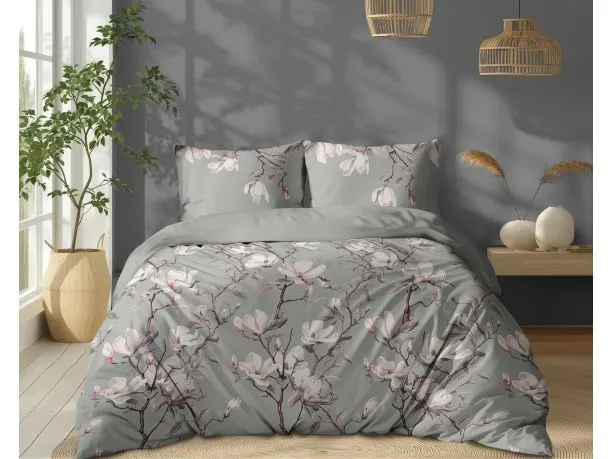 Pościel z bawełny 220x200 +2/70x80 magnolie na szarym tle wz. 5497 b