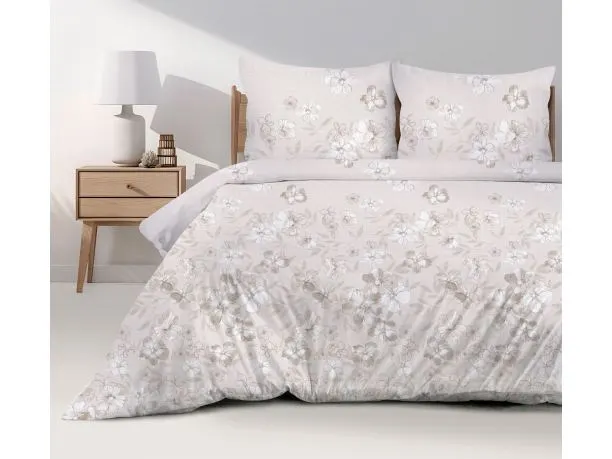 Pościel bawełniana Bielbaw 160x200 Linen – naturalne kwiaty, beżowo-białe odcienie