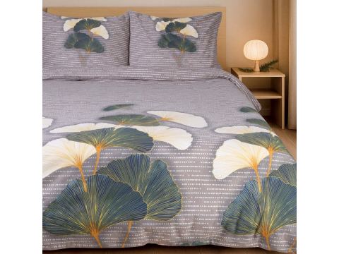 Pościel flanelowa 180x200 – Przytulna i elegancka, z motywem liści miłorzębu, w ciepłej ciemno szarej odsłonie na zimowe noce