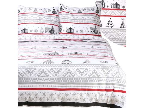 Pościel flanelowa 180x200 na zimę – świąteczne gwiazdki i choinki, białe tło