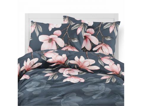 Pościel flanelowa 220x200 – różowe magnolie na ciemnym tle