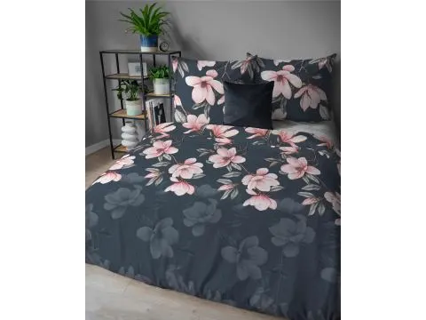 Pościel flanelowa 220x200 – różowe magnolie na ciemnym tle