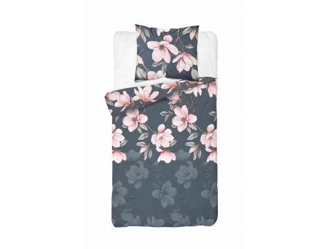 Pościel flanelowa 140x200 – różowe magnolie na ciemnym tle