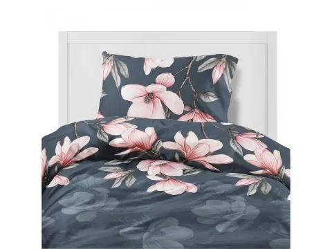 Pościel flanelowa 140x200 – różowe magnolie na ciemnym tle