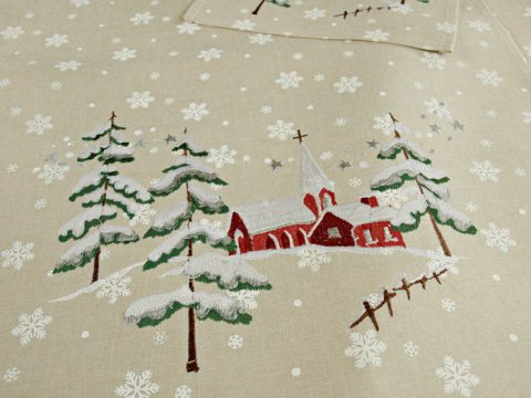 Bieżnik świąteczny - w kolorze lnu z motywem kościółka - 50x100 cm - Boże Narodzenie - wz. 14640