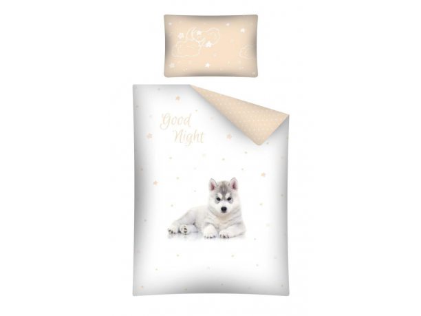 Pościel dla dzieci do łóżeczka - biała, jasno beżowa, szara - 100x135 cm - Pies Husky 2460 A - Detexpol