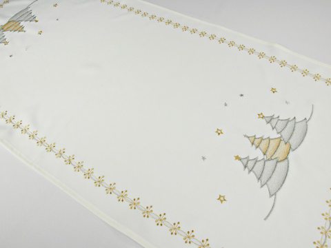 Bieżnik świateczny  biały, serbrna, złota choinka  -  35 x 70 cm int 16172
