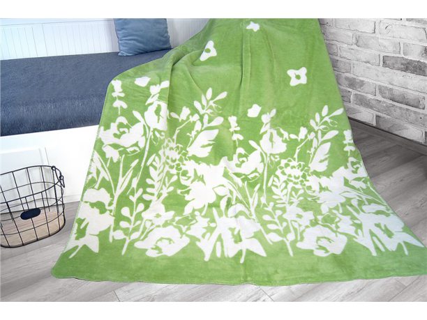 Koc Glamour -  Kwiatuszki - biało - zielone -  Flo zielony - 150x200 Greno