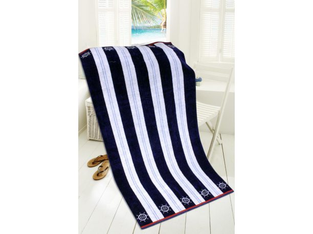 Ręcznik - plażowy - 85x170 cm - kąpielowy - Feel Free - Pasy - granatowo, białe - Greno