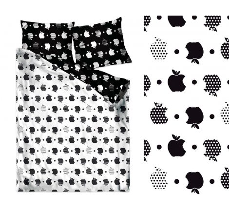 Pościel bawełniana - 140x200 + 70x80 - Apple - biały, czarny - Milo - Jabłka Bielbaw na prezent