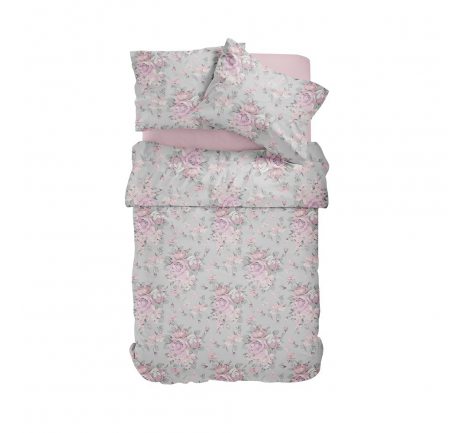 Pościel z satyny bawełnianej -  Fashion Satin - szare, różowe różyczki -  160 x 200  wz. 2733  B  w pudełku