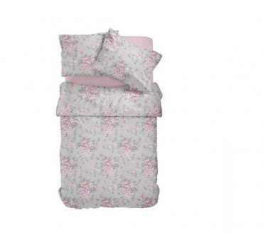 Pościel z satyny bawełnianej -  Fashion Satin - szare, różowe różyczki -  220 x 200  wz. 2733  B  w pudełku