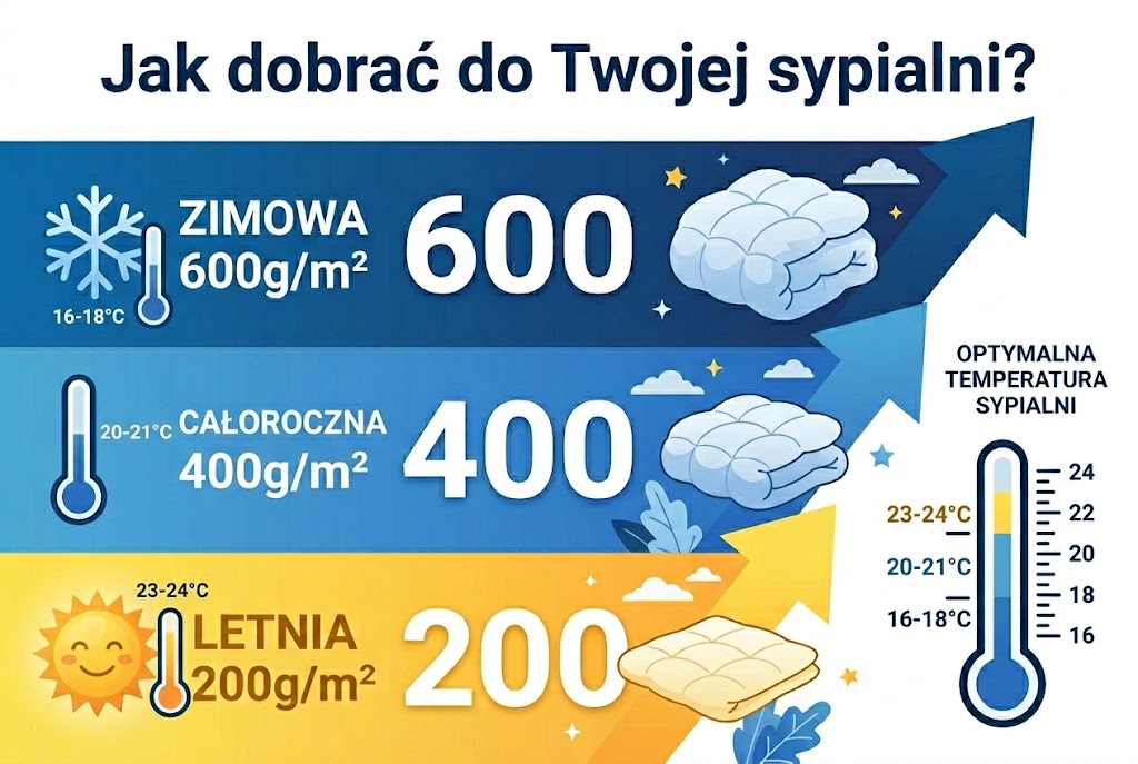 Gramatura kołdry: letnia 200g, całoroczna 400g, zimowa 600g/m²