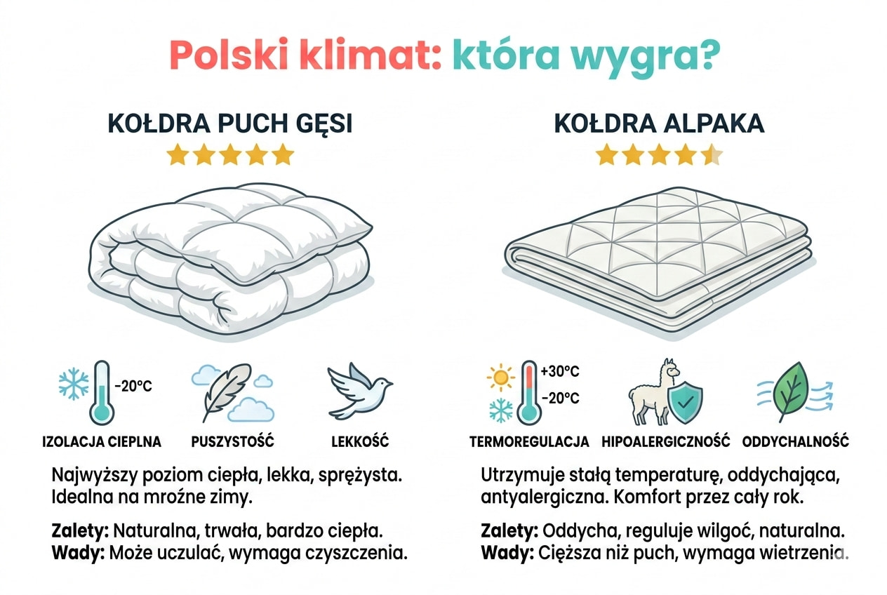 Porównanie kołdry z alpaki vs puch gęsie - termoregulacja i higiena
