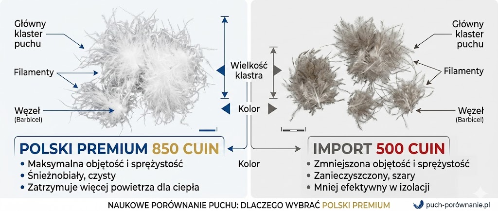 Różnica w strukturze: Polski puch 850 CUIN vs import