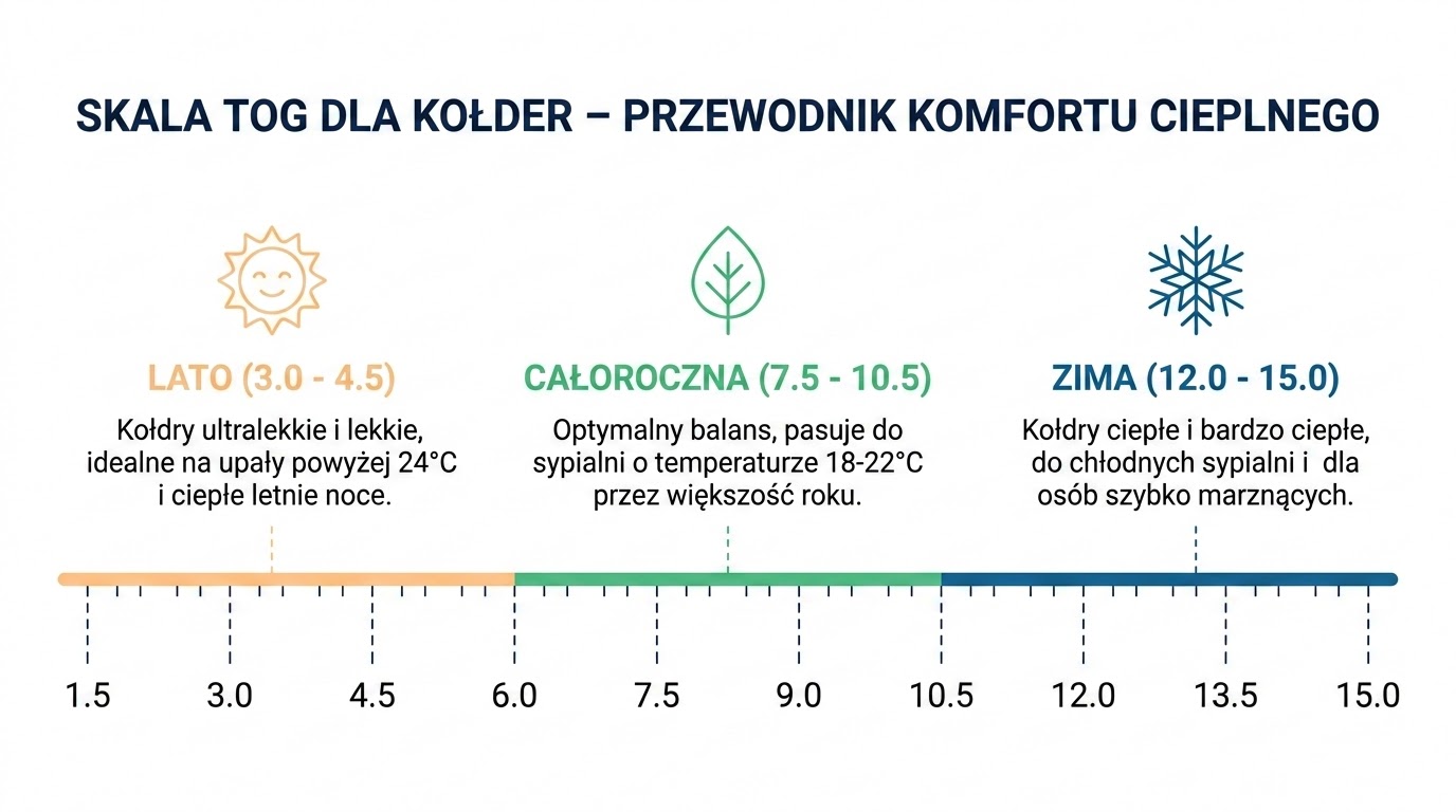 Infografika skali TOG dla kołder: porównanie izolacji cieplnej dla kołdry letniej (3.0-4.5), całorocznej i zimowej (do 15.0) wraz z ikonami słońca i śniegu.