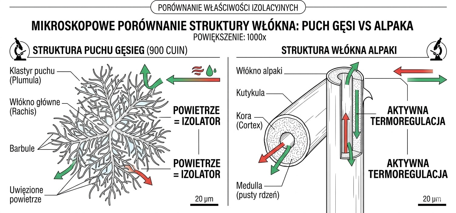 Struktura włókna alpaki (pusty rdzeń) vs puch gęsi (klastry 800 CUIN)